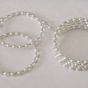 White Glass Pearl and Crystal 4 Stranded Memory Wire Bracelet and Earrings Set